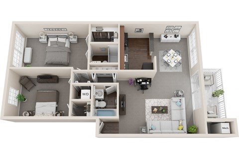 2 bed 2 bath, 1121sf 3d floor plan  at Kenilworth at Charles Apartments, Towson
